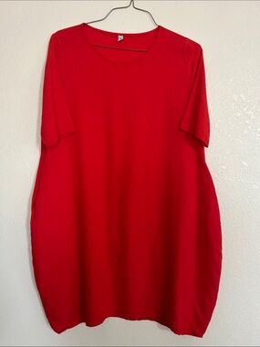 Red linen feel dress with pockets